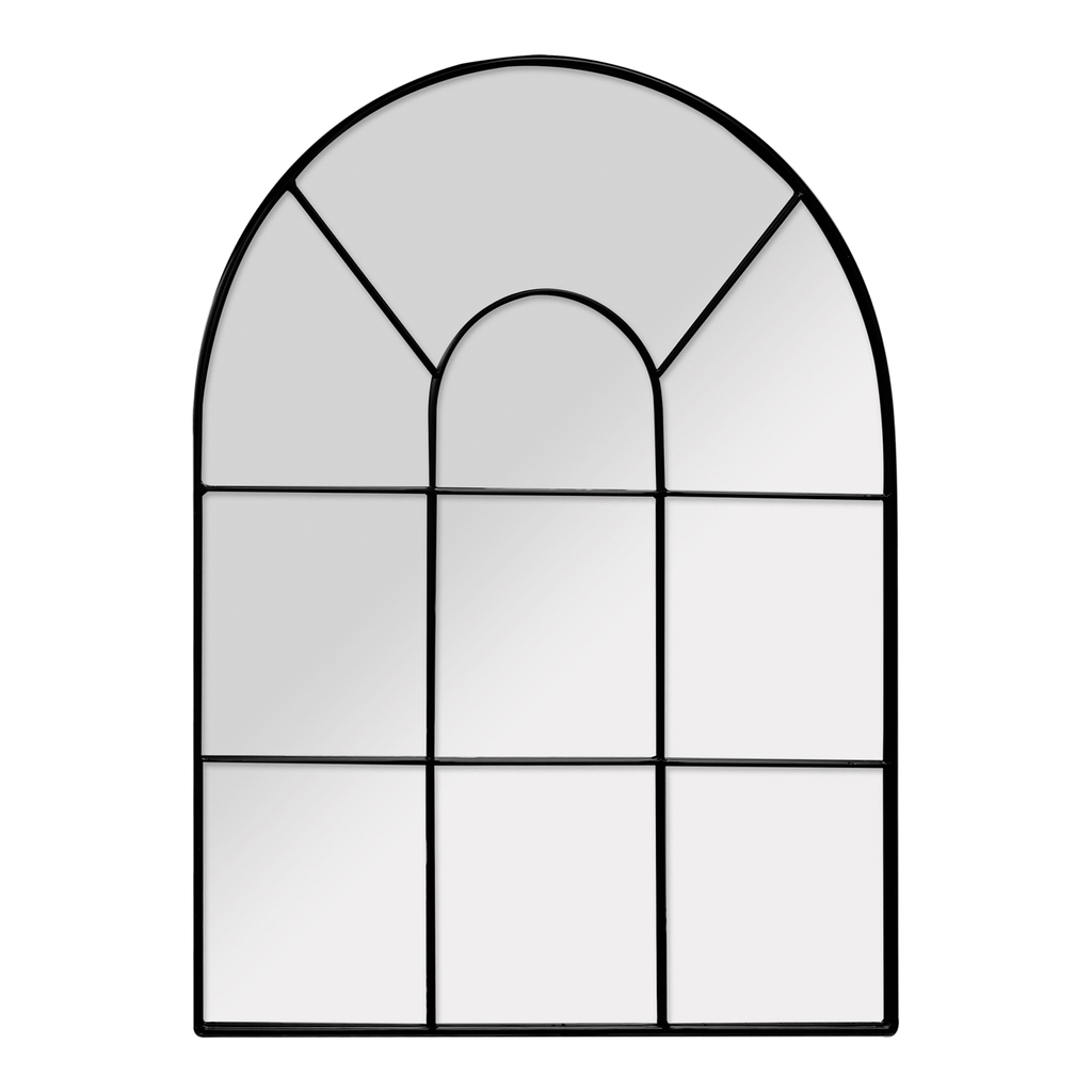 Dekoracyjne lustro w kształcie okna w czarnej ramie