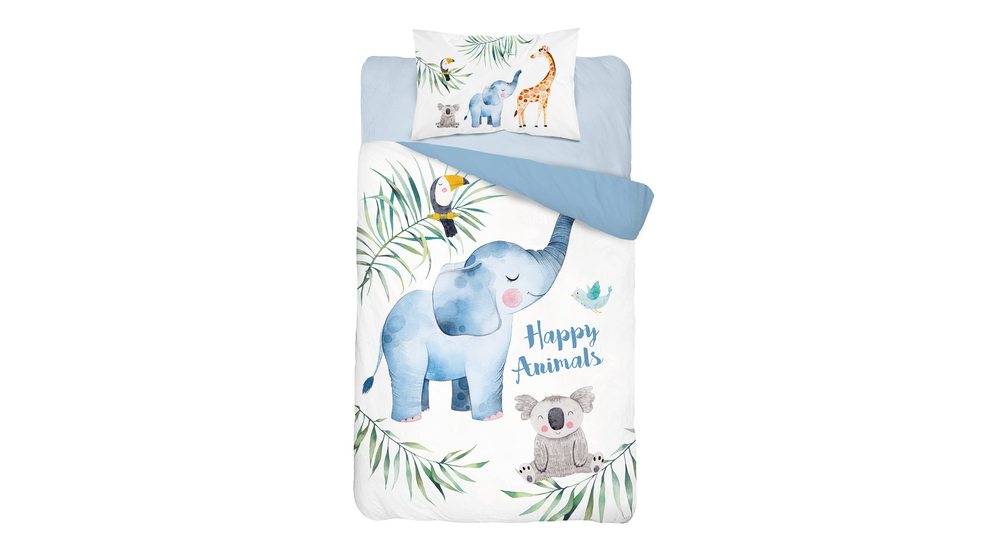 Pościel do łóżeczka dla niemowląt bambusowa niebieski SŁOŃ/ŻYRAFA 90x120 cm