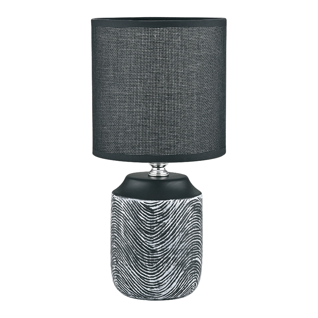 Ceramiczna lampa stołowa, czarna z falistym wzorem.