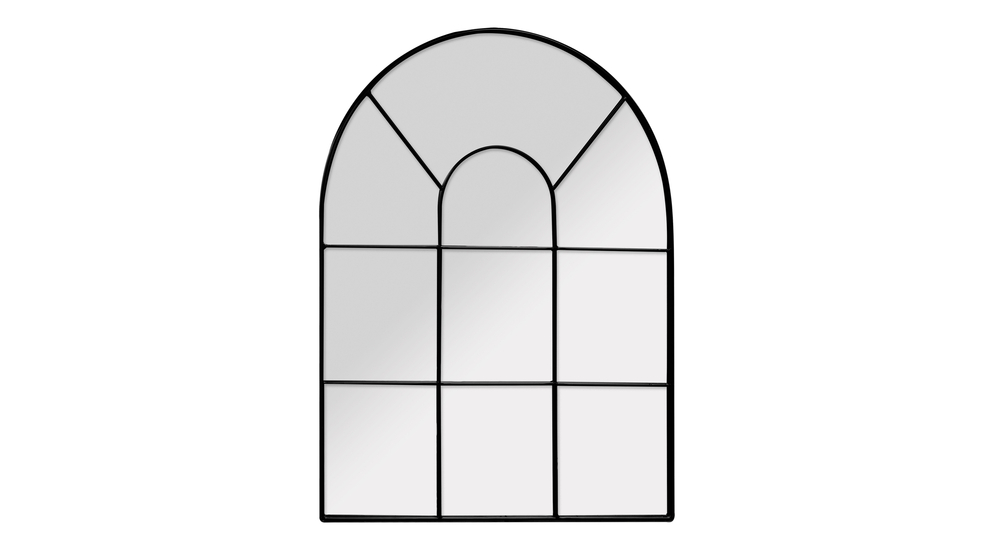 Dekoracyjne lustro w kształcie okna w czarnej ramie