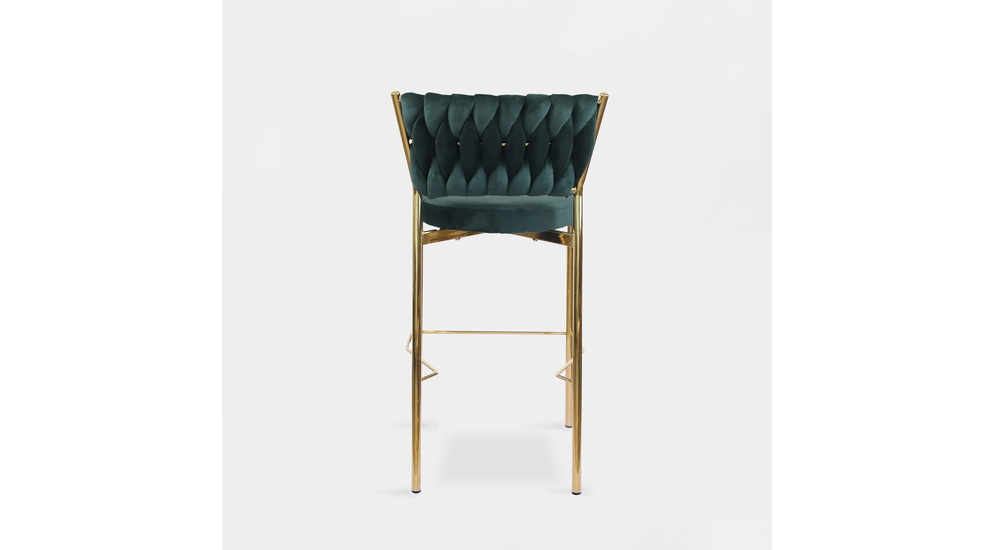 Krzesło barowe na złotych nogach obite zielonym welurem