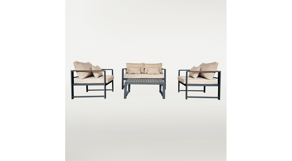 Komplet składa się z sofy, 2 krzeseł oraz stolika. Szare meble z aluminium pokrywają beżowe poduchy z poliestru.