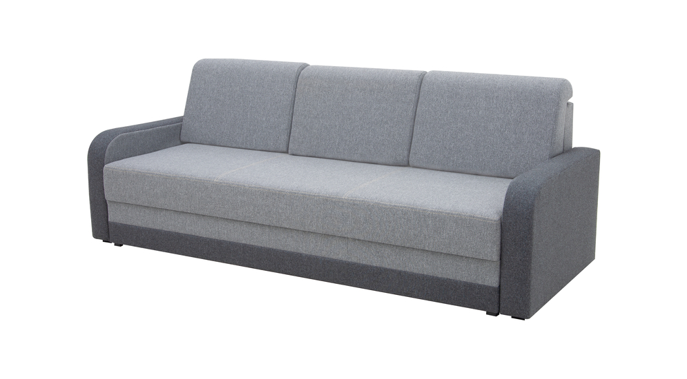Sofa 3-osobowa z siedziskiem i oparciem w jasnoszarym kolorze i ciemnoszarymi podłokietnikami.