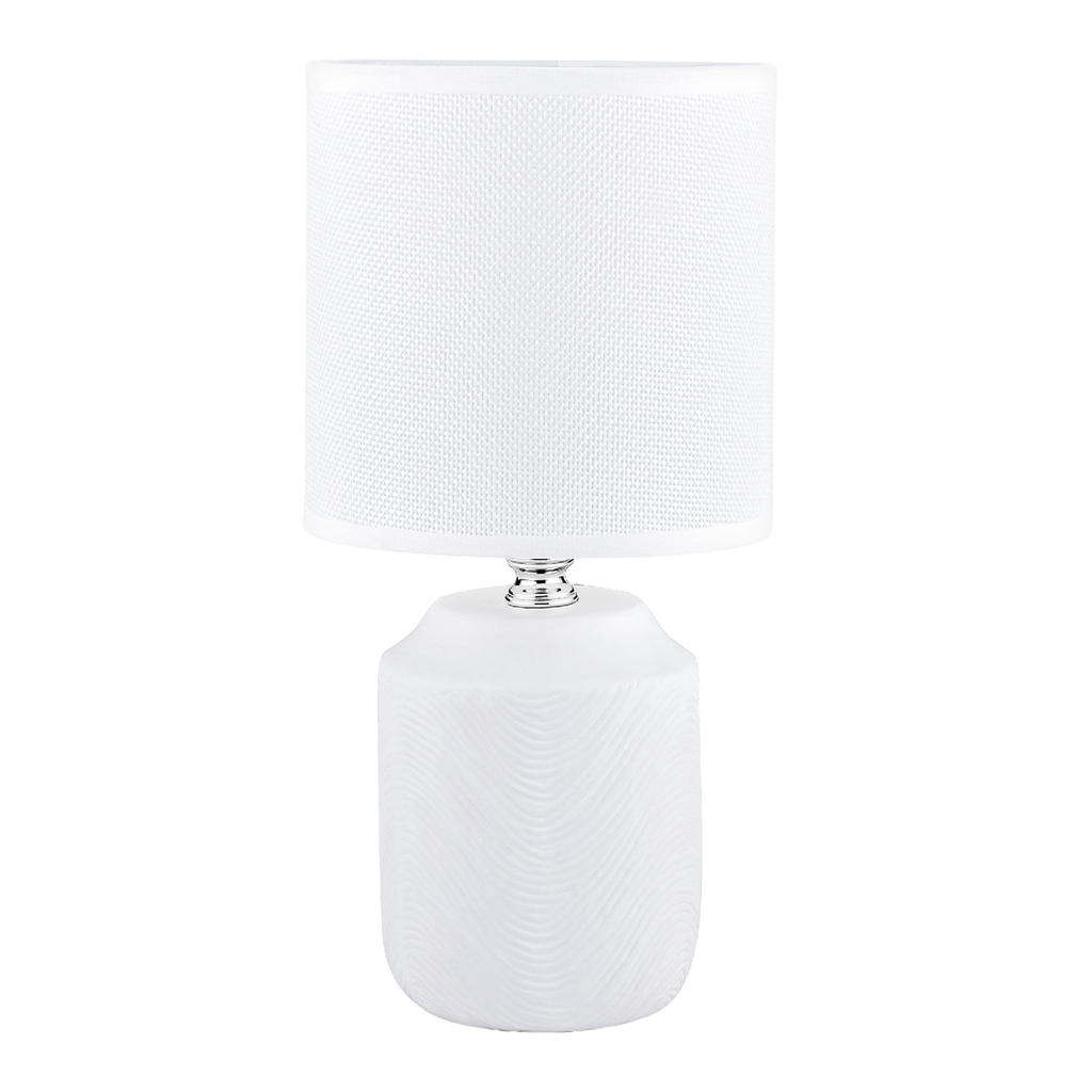 Ceramiczna lampa stołowa do sypialni lub salonu w białym kolorze.