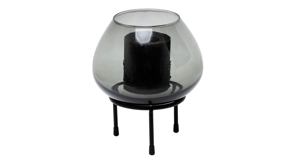 Świecznik szklany popielaty na metalowym stojaku 24 cm