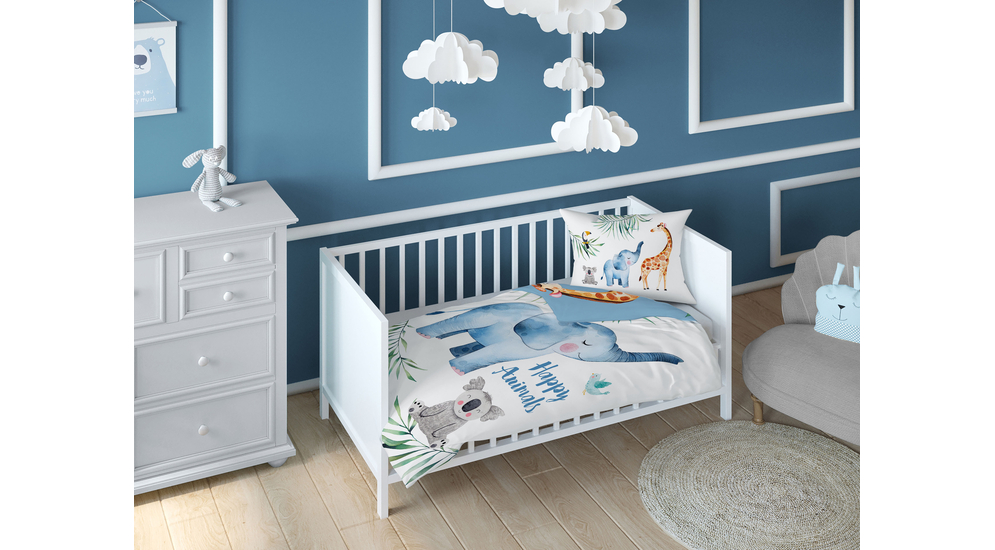 Pościel do łóżeczka dla niemowląt bambusowa niebieski SŁOŃ/ŻYRAFA 100x135 cm