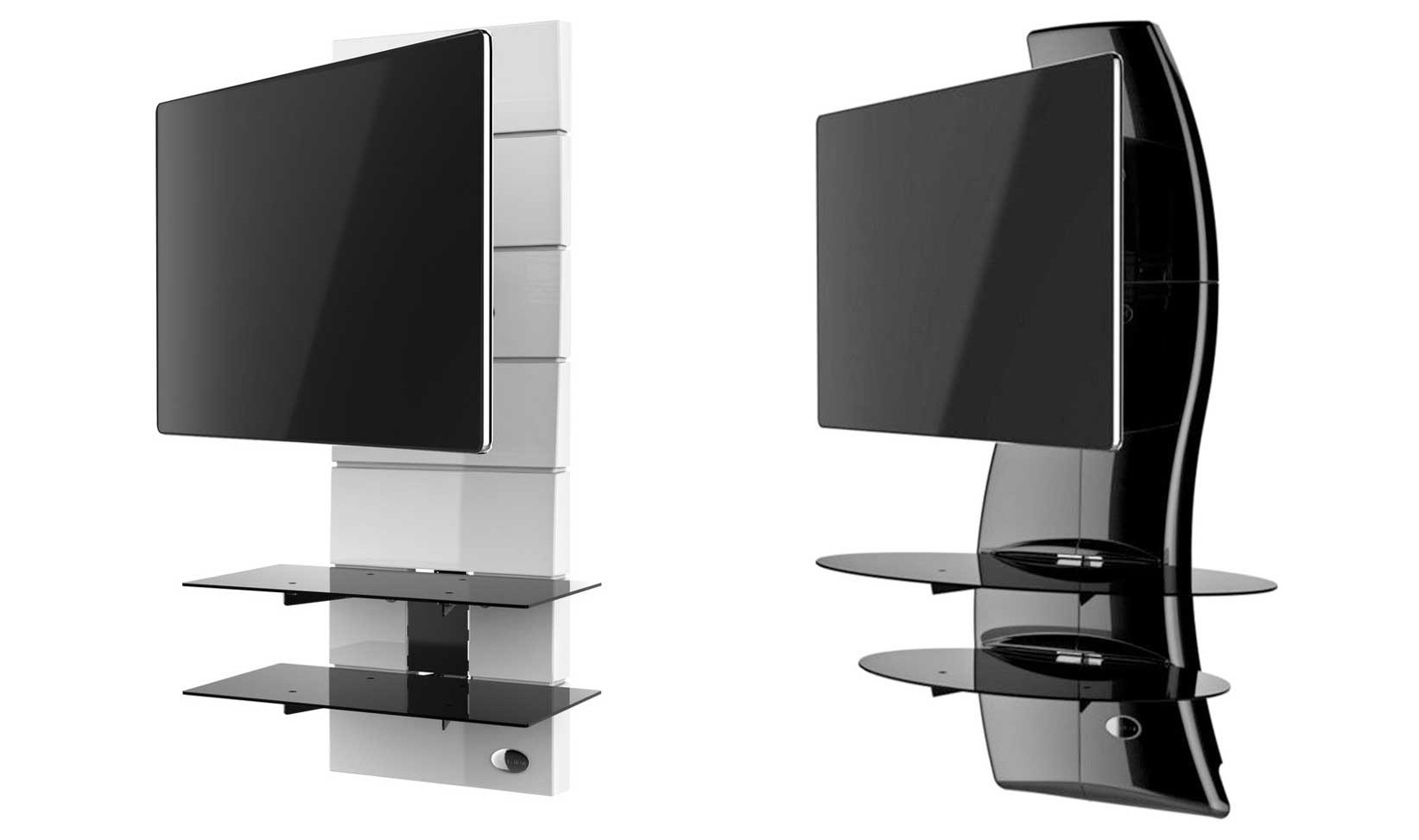 nowoczesny i elegancki panel RTV z półkami oraz maskownicą na kable