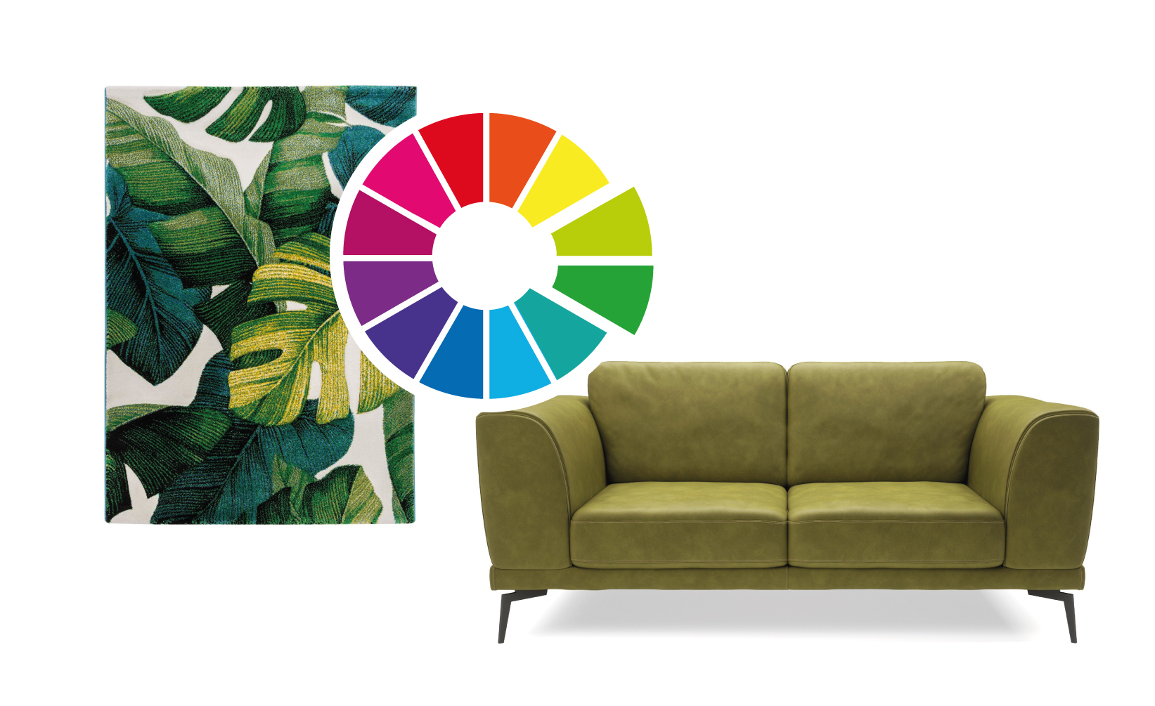 koło kolorów, jak dobrać dywan, zielona sofa, dywan monstera, dywan w liście