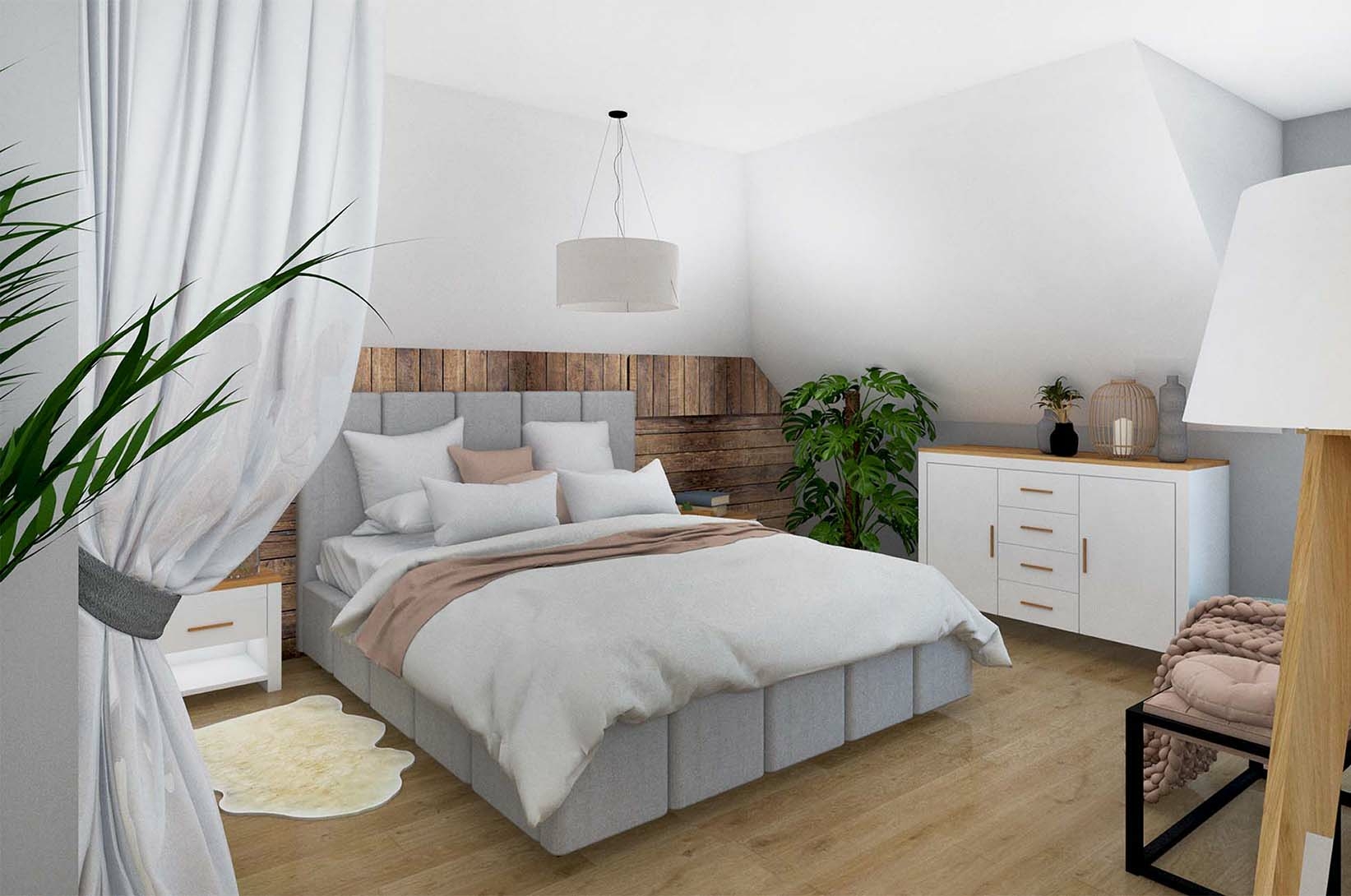 Sypialnia w drewnie i bieli styl skandynawski