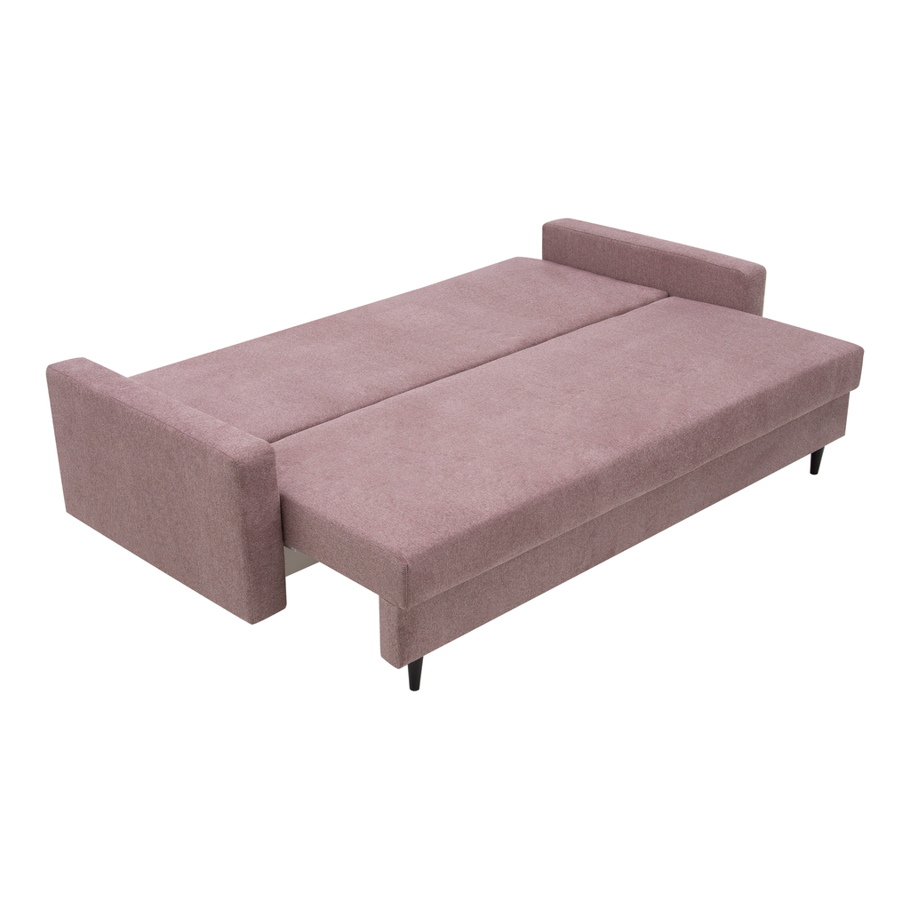 Sofa 3-osobowa POLLY w różowym kolorze z czarnymi nóżkami w kształcie walca.
