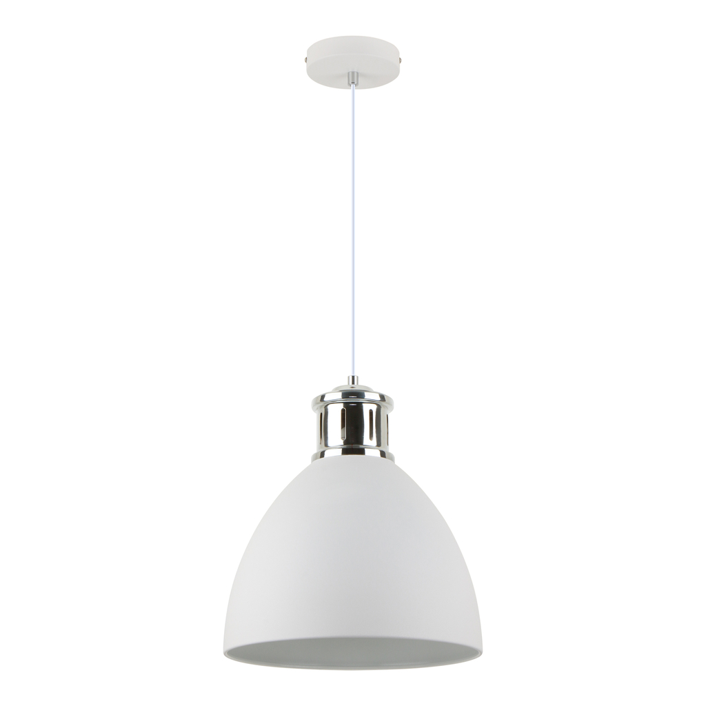 Lampa MENSA w białej oprawie z chromowanym wykończeniem to oświetlenie, którym podkreślisz wnętrze urządzone w stylistyce jasnego  loftu.