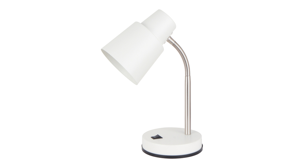 Biała lampa biurkowa z regulowanym ramieniem Idealnie sprawdzi się w pokoju młodzieżowym, gabinecie, jak również w centrum kącika majsterkowicza.