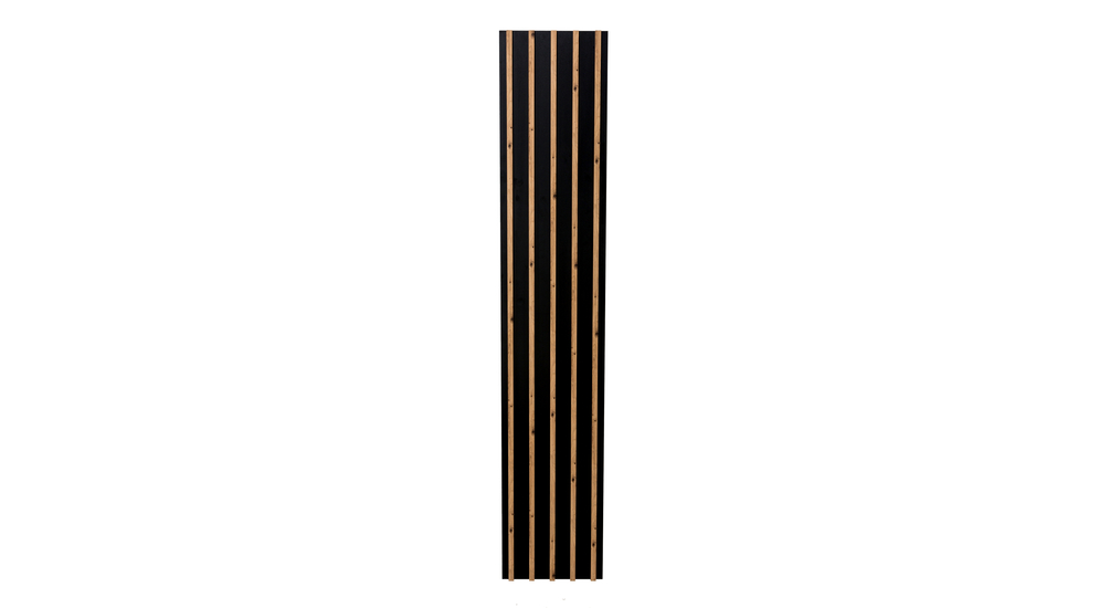 Front drzwi PALO składa się z 2 idealnie dopasowanych elementów: płyty w czarnym kolorze oraz ozdobnych lameli w odcieniu dębu artisan.