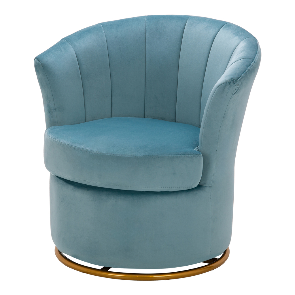 Fotel muszla niebieski z welurową tapicerką.