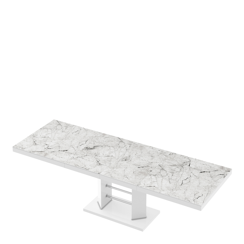 Stół biały rozkładany z ozdobnym blatem w marmur biały.