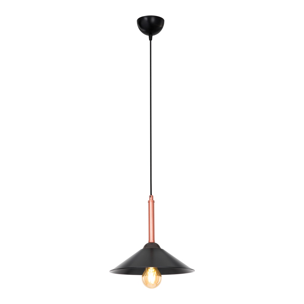 MANDARIN I to pojedyncza lampa wisząca z trapezowym kloszem oraz dekoracyjnym elementem w miedzianym kolorze.