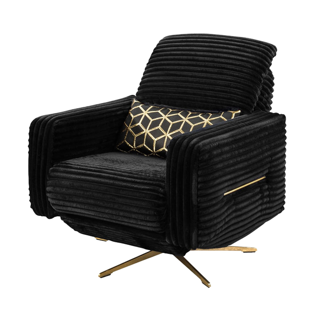 Fotel czarny z grubego sztruksu z funkcją relaks i zdobioną poduszką.