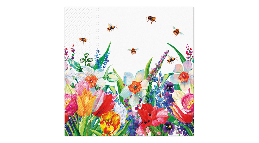 Papierowe serwetki z kolorowymi kwiatami i latającymi pszczołami