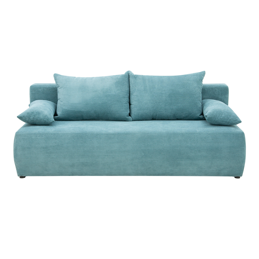 Sofa LIBIA w turkusowym kolorze, z luźnymi poduchami i podłokietnikami w formie małych poduszek.