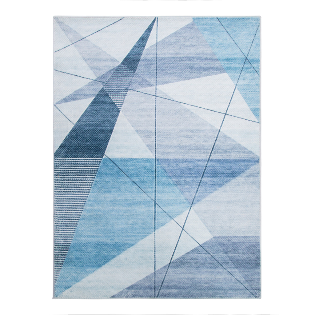 Dywan geometryczny niebieski PUERTO 160x230 cm wykonany z przędzy poliestrowej.