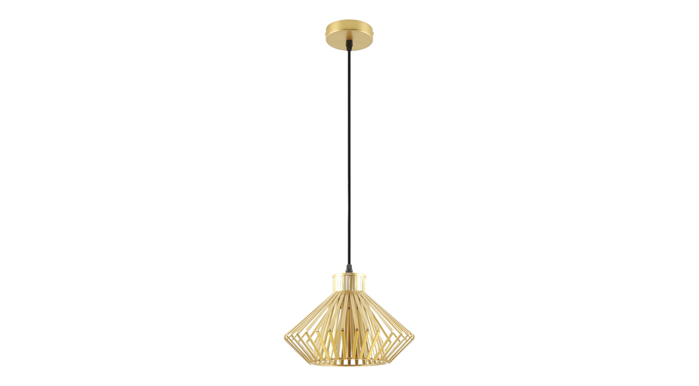 Złoty model lampy wiszącej DOLIA z geometrycznym kloszem o średnicy 25 cm.