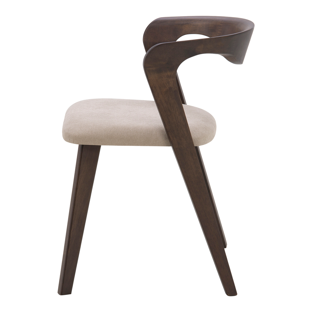 Krzesło tapicerowane IMPREVO w kolorze ciemnego drewna na drewnianych nogach.