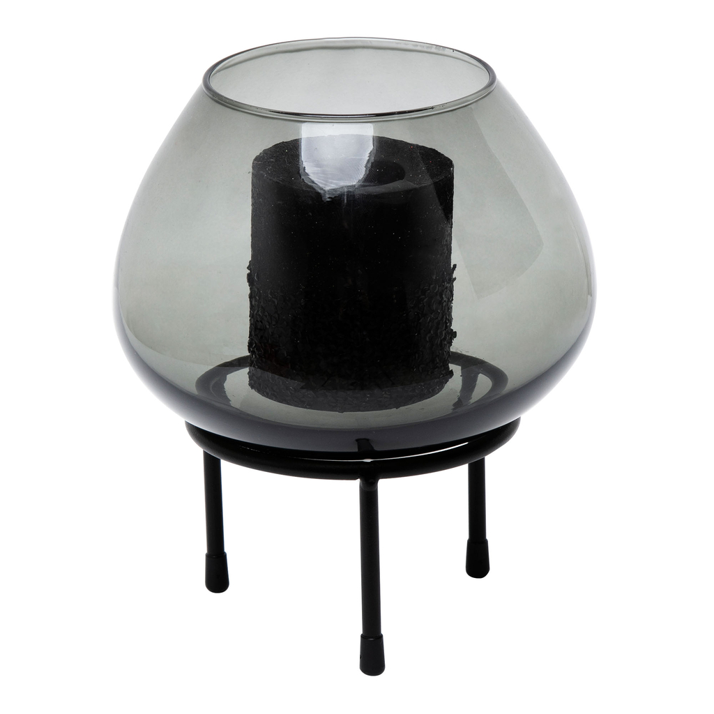 Świecznik szklany popielaty na metalowym stojaku 24 cm