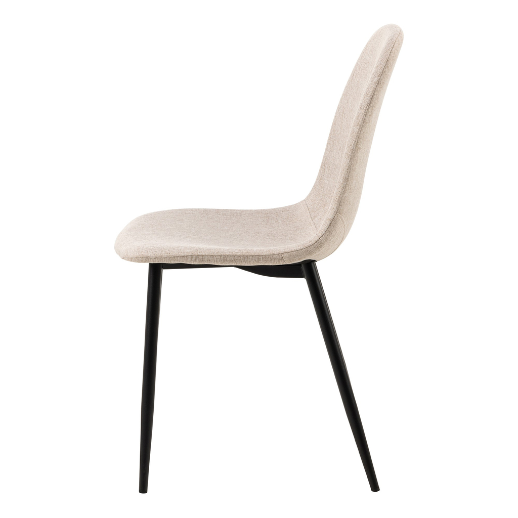 Krzesło beżowe NINA z tapicerowanym siedziskiem na metalowych nóżkach w czarnym kolorze, widok z boku.