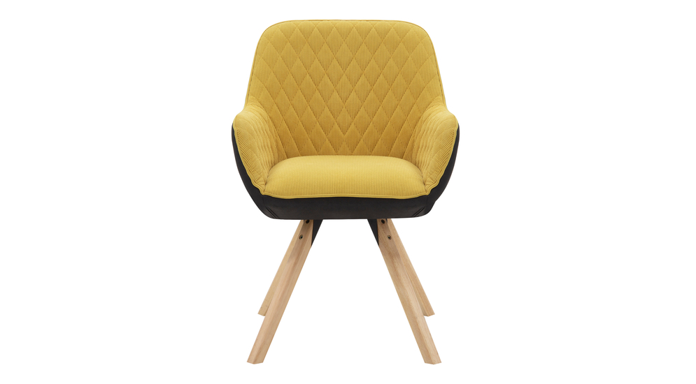 Krzesło LUMARS z pikowanym oparciem żółto-czarne na drewnianych nogach, widok z przodu.