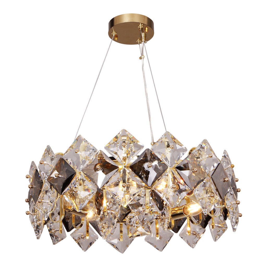 TIARA to lampa sufitowa o wykończeniu w kolorze złota i ozdobami ze szkła transparentnego i przydymionego.
