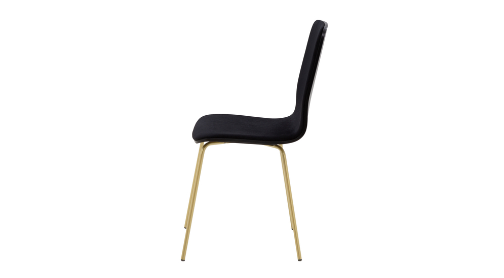 Krzesło welurowe VINGE z czarną tapicerką na metalowych nogach do nowoczesnego wnętrza. Widok z boku