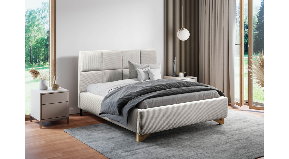 Łóżko SOFIA FULL z materacem, pościelą i w minimalistycznej sypialni. Przytulna przestrzeń do snu