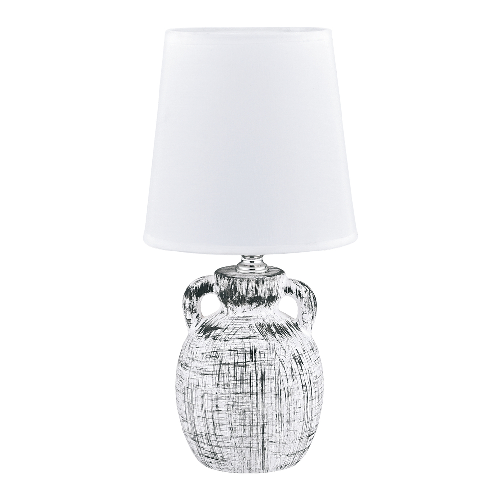 Biała, ceramiczna lampa o kształcie amfory z abażurem.