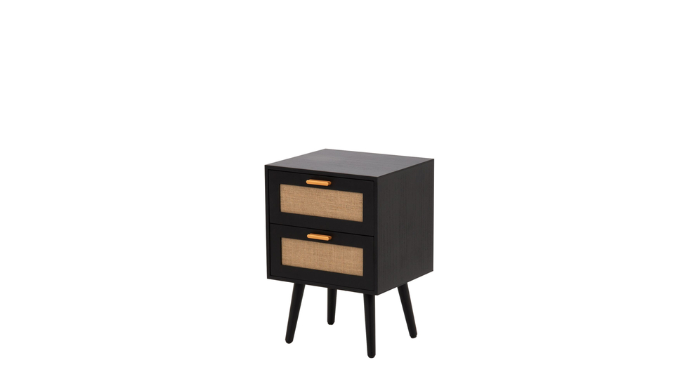 Czarna szafka z 2 szufladami na wysokich nóżkach, uchwyty złote, plecionka na frontach szuflad w kolorze drewna