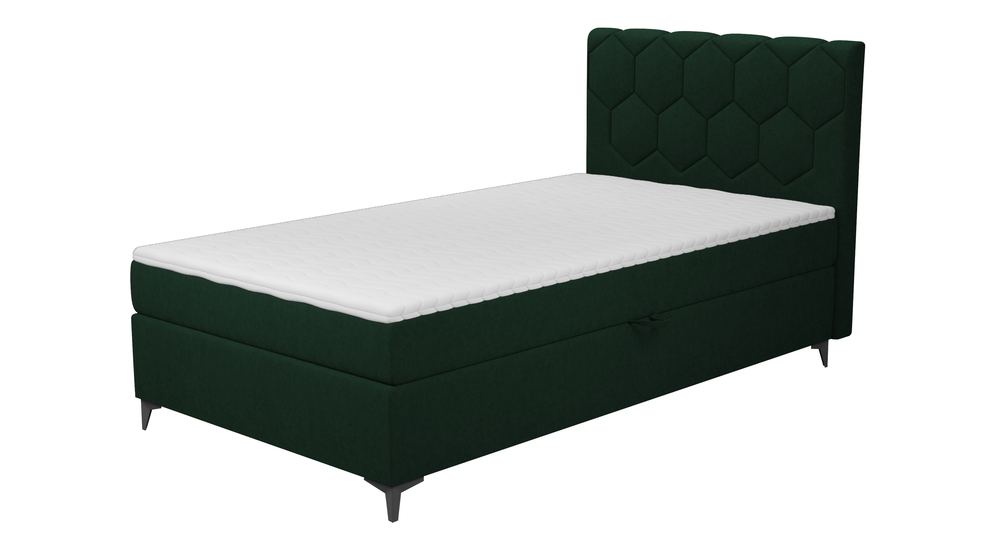 Łóżko kontynentalne jednoosobowe w kolorze zielonym.