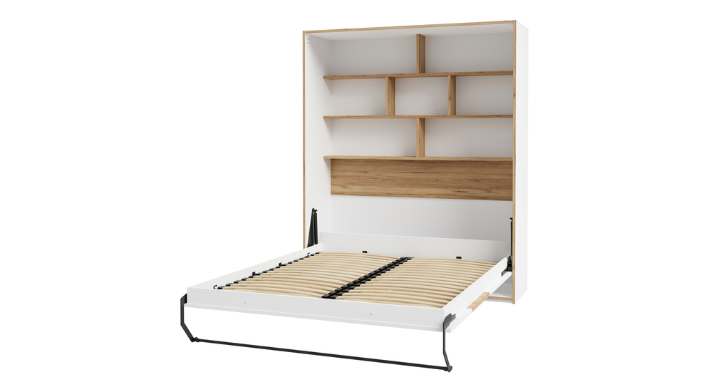 Rozłożone łóżko z widocznym, metalowym stelażem z drewnianymi listwami.