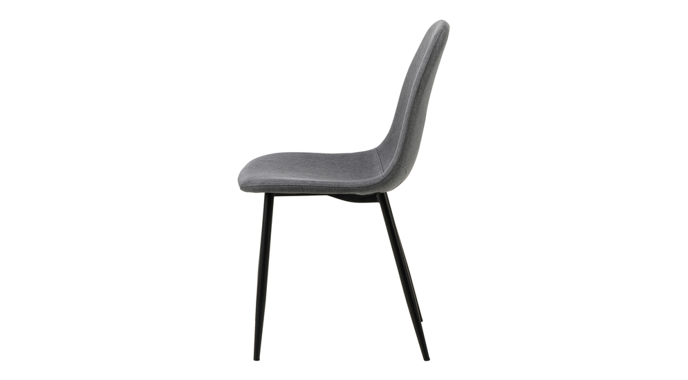 Krzesło szare NINA z tapicerowanym siedziskiem na metalowych nóżkach w czarnym kolorze, widok z boku.