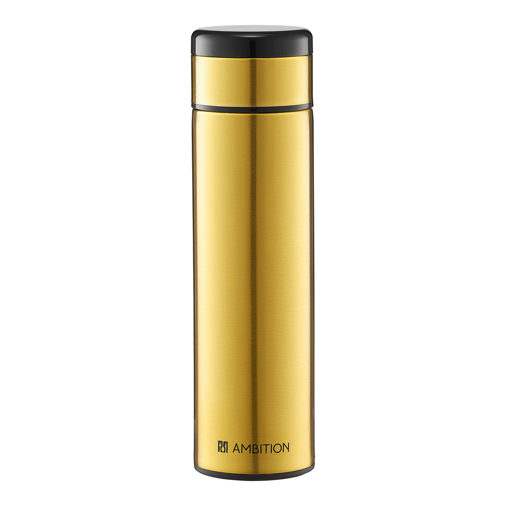 Butelka termiczna w złotym kolorze, będzie stylowym dodatkiem podczas podróży. Pojemność 420 ml sprawdzi się na ciepłą kawę lub herbatę. 