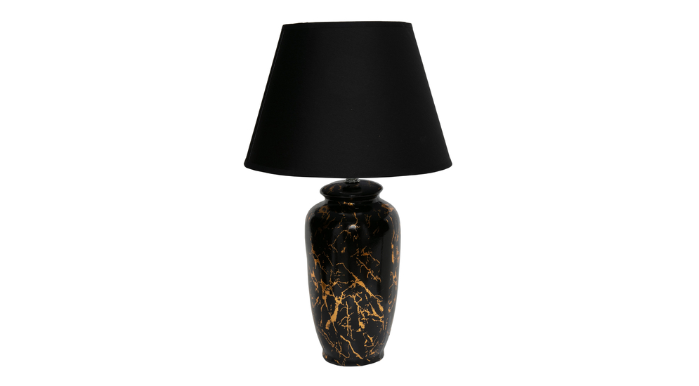 Lampa stołowa ze smukłą ceramiczną, czarno-złotą podstawą