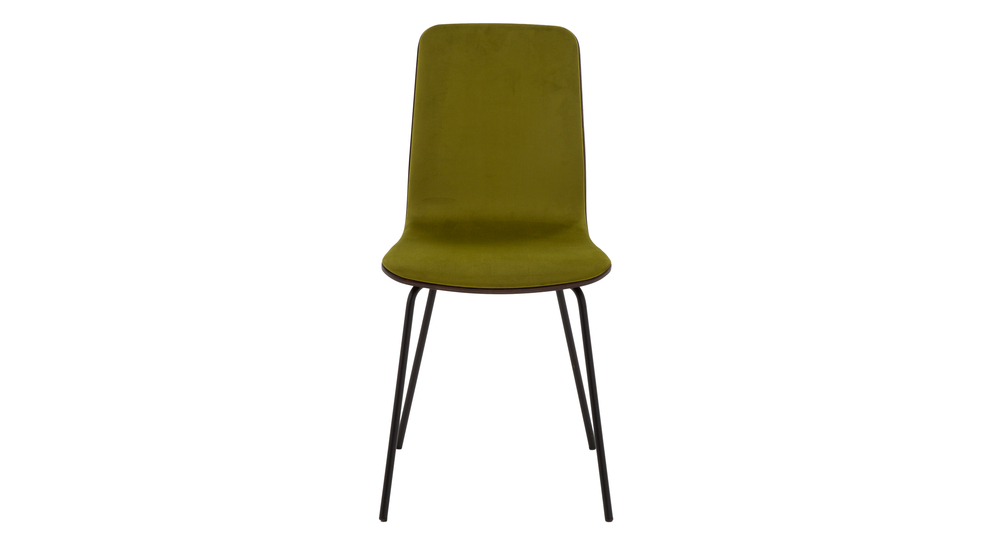 Krzesło VINGE z welurową tapicerką w kolorze zielonym na metalowych nogach.