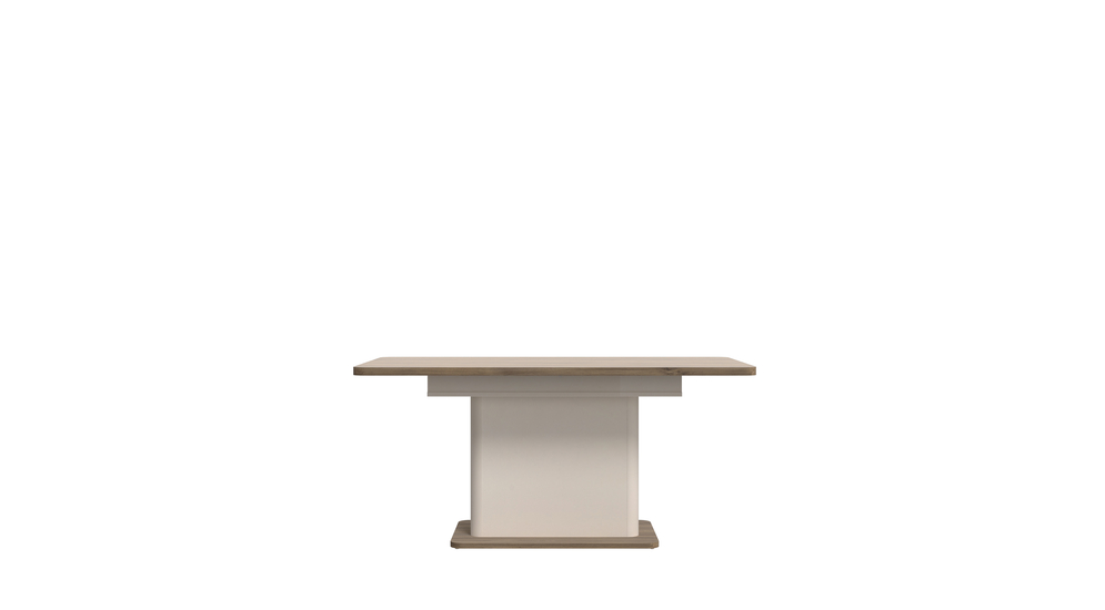 Beżowy stół z elementami w kolorze dąb valencia, rozkładany.