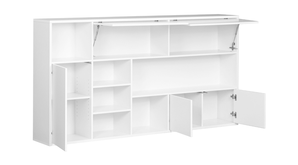 Biała nadstawka do półkotapczanu z 6 półkami otwartymi i 5 szafkami.