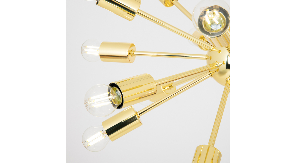 Lampa wisząca MANDI w kolorze złota posiada oprawę na 18 żarówek typu E27 o mocy maksymalnej 40W.