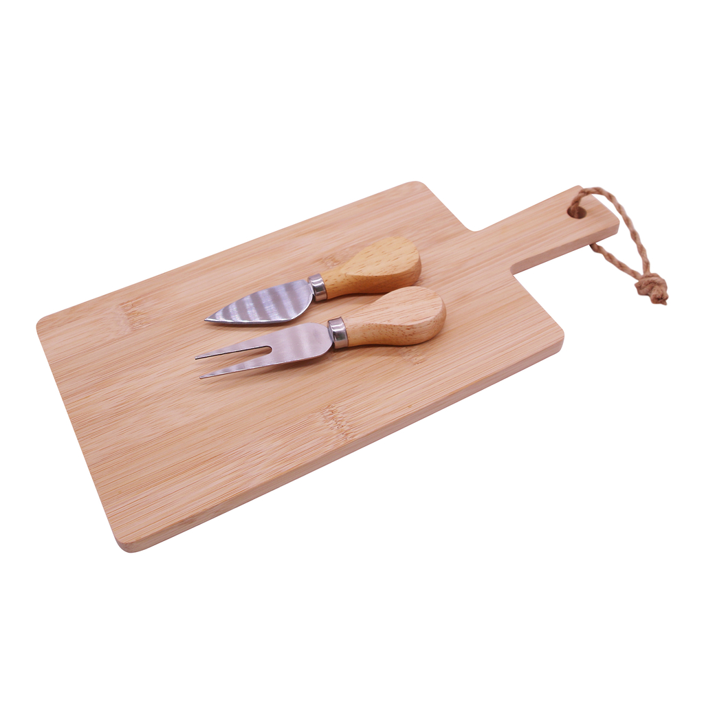 Drewniana prostokątna deska z nożem i widelcem do serów