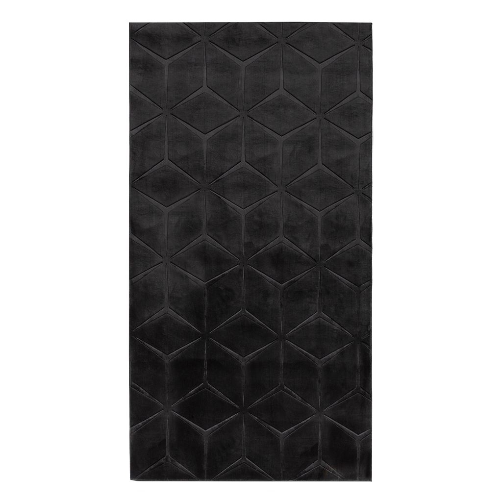 Dywan do przedpokoju geometryczny czarny TULSA 80x150 cm wykonany z przędzy poliestrowej do wnętrza w stylu glamour.