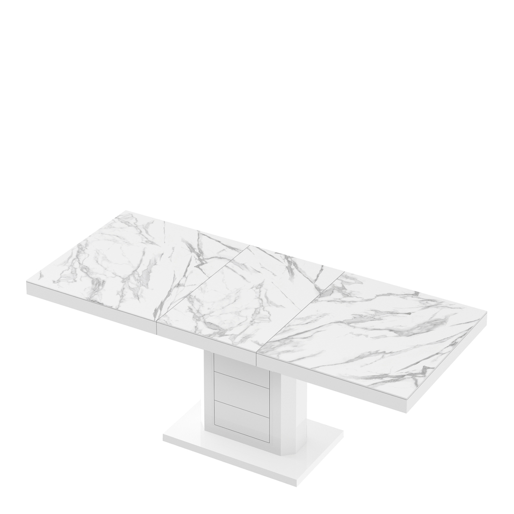 Stół rozkładany biały z ozdobnym blatem.