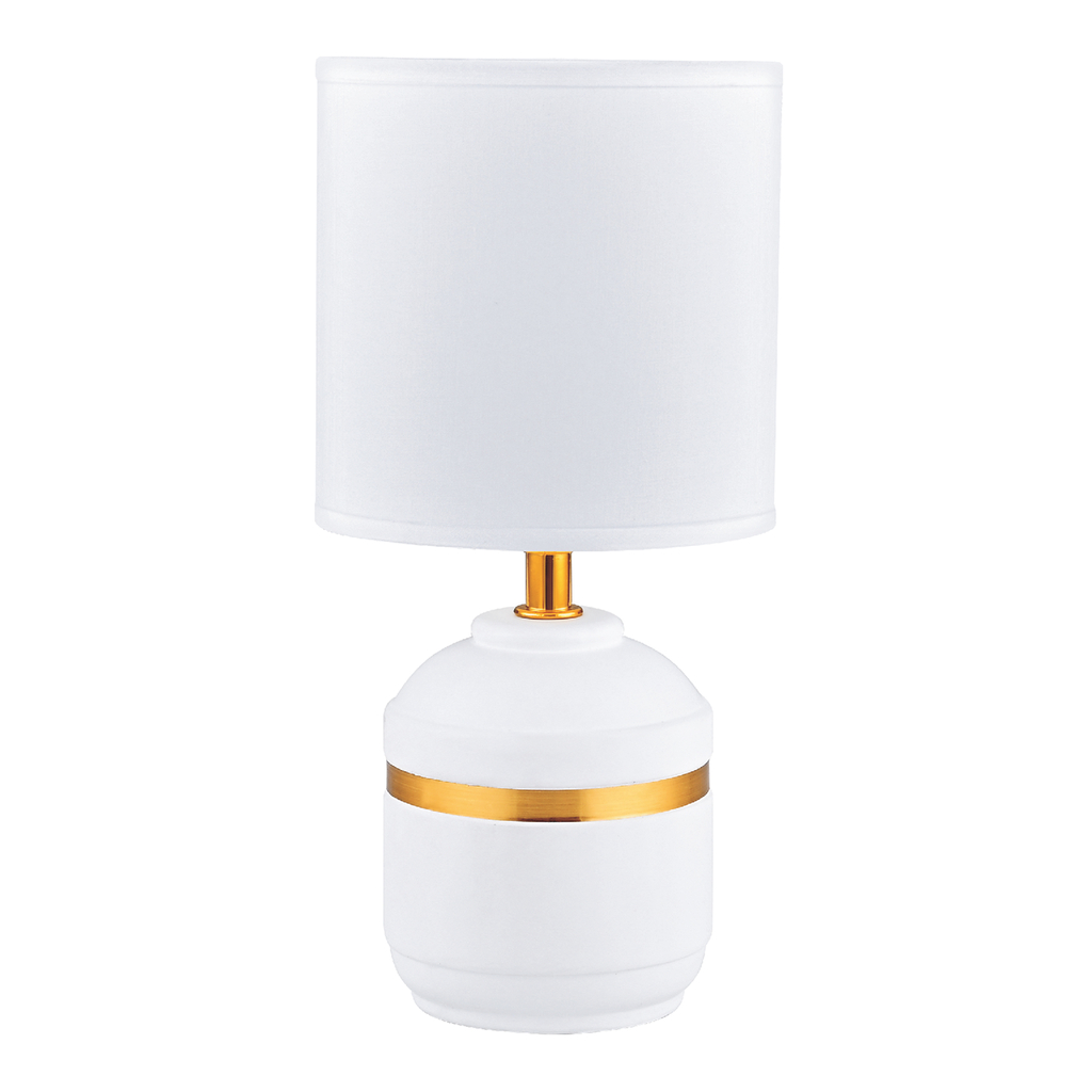 Biała lampa stołowa o ceramicznej podstawie ze złotym paskiem dekoracyjnym.