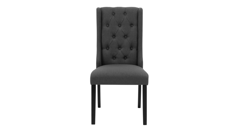Krzesło CIPRIA z ciemnoszarą tapicerką i pikowanym oparciem.