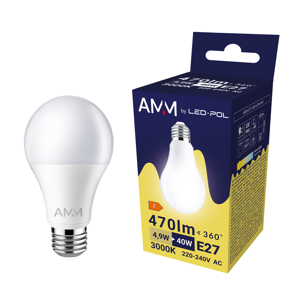 Żarówka AMM-E27-A60-4,9W-WW emituje światło o neutralnej barwie – 3000K i strumieniu 470 lumenów.