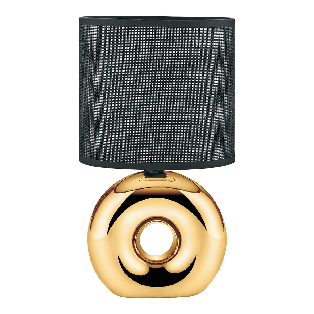 Złoto-czarna lampa stołowa, ceramiczna z abażurem, idealna do sypialni i salonu.